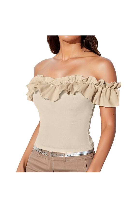 Womens Tops, Off The Shoulder Tops for Women Strapless Ruffle Trim Ruched Tops Ruched Y2K Slim Fit Summer Sexy Tops Beige S