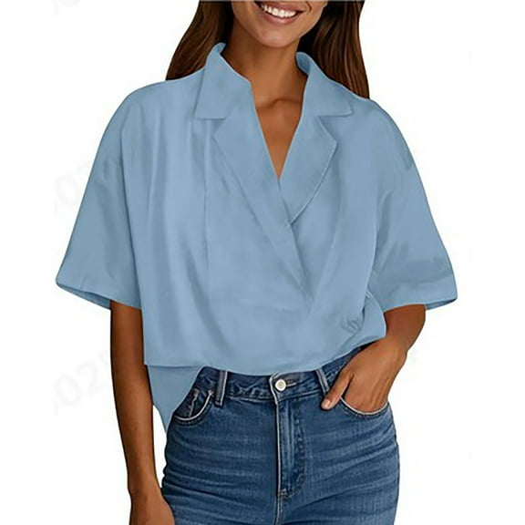 Womens Tops, Oversize Short Sleeve Shirts for Women V Neck Flowy Blouses Lapel Button Down Casual Business Top