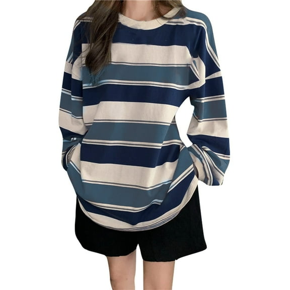 Womens Tops Oversized 2024 Autumn New Korean Loose Striped Long Sleeved T Shirt Female Net Red Student Versatile Thin Top