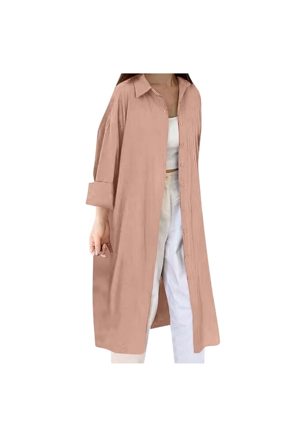 Womens Tops Oversized Cotton Linen Button Up Shirts Summer Casual Blouse Roll-Up Sleeve Tops Extra Long Top with Pockets Hawaii Beach Cover Up Ladies Clothes Pink XXL