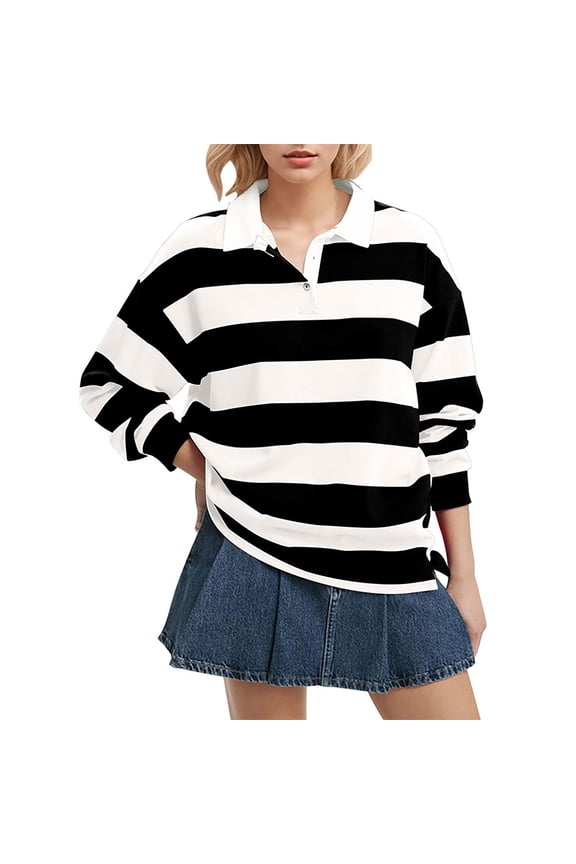 Womens Tops Oversized Striped Long Sleeve Rugby Collared Pullover Sweatshirt Cotton Blend Button-Down Collar Side Split Casual Athleisure Outfits L Sweaters For Women