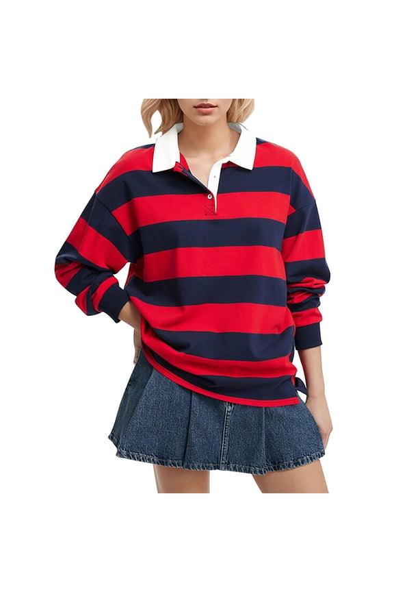 Womens Tops Oversized Striped Long Sleeve Rugby Collared Pullover Sweatshirt Cotton Blend Button-Down Collar Side Split Casual Athleisure Outfits L Sweaters For Women