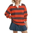 thumbnail image 1 of Womens Tops Oversized Striped Long Sleeve Rugby Collared Pullover Sweatshirt Cotton Blend Button-Down Collar Side Split Casual Athleisure Outfits L Sweaters For Women, 1 of 5