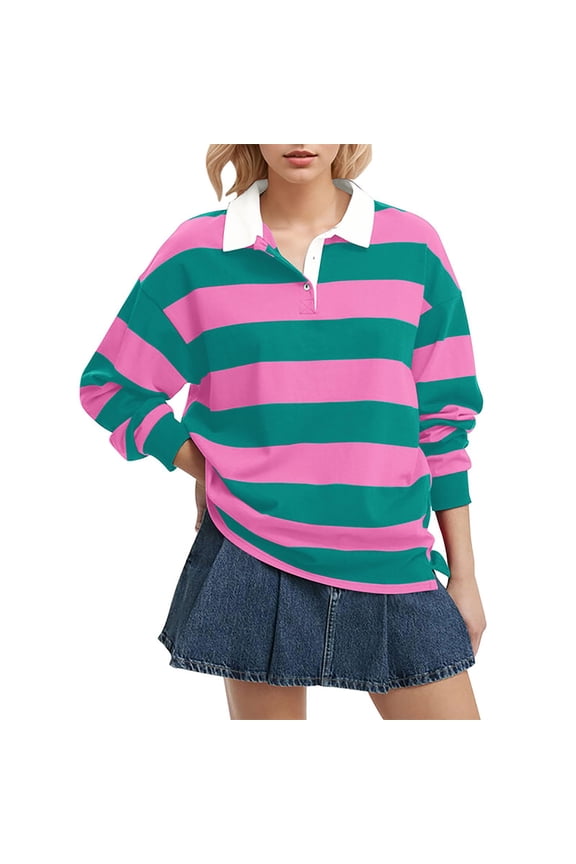 Womens Tops Oversized Striped Long Sleeve Rugby Collared Pullover Sweatshirt Cotton Blend Button-Down Collar Side Split Casual Athleisure Outfits M Sweaters For Women