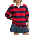 thumbnail image 1 of Womens Tops Oversized Striped Long Sleeve Rugby Collared Pullover Sweatshirt Cotton Blend Button-Down Collar Side Split Casual Athleisure Outfits S Sweaters For Women, 1 of 5