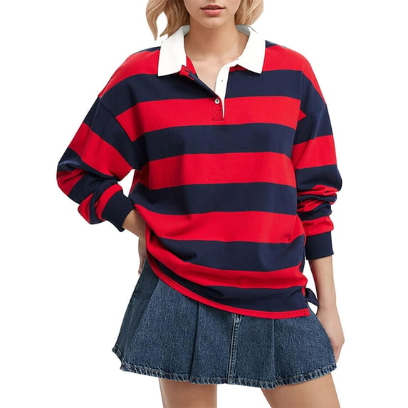Womens Tops Oversized Striped Long Sleeve Rugby Collared Pullover Sweatshirt Cotton Blend Button-Down Collar Side Split Casual Athleisure Outfits S Sweaters For Women