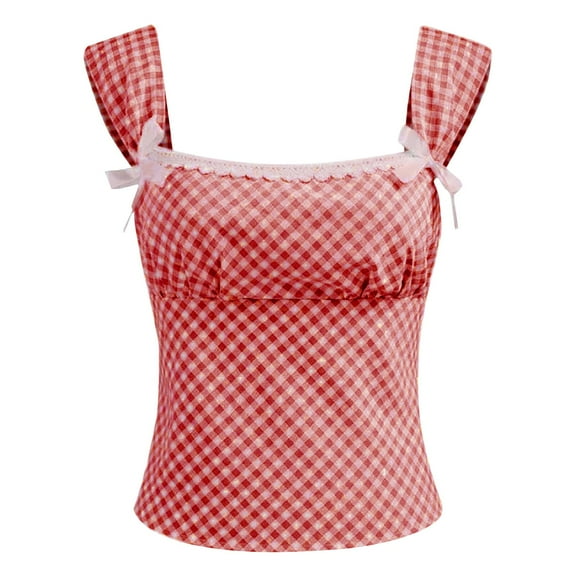 Womens Tops Plaid Corset Crop Tank Top Square Neck Gingham Trim Spaghetti Strap Shirt Slim Fit Going Out Design Trendy & Comfortable Suitable For Casual Occasions 1Pc Top Plus Size Fall Tops