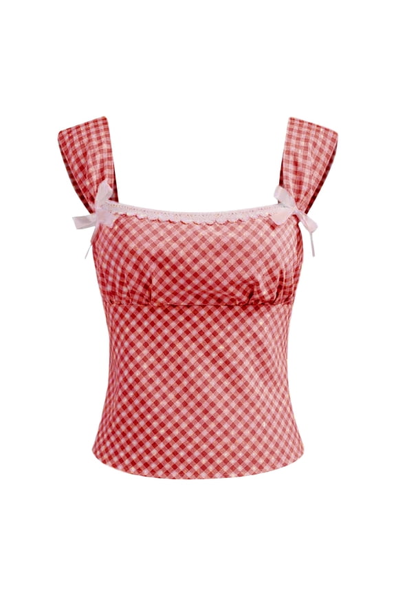 Womens Tops Plaid Corset Crop Tank Top Square Neck Gingham Trim Spaghetti Strap Shirt Slim Fit Going Out Design Trendy & Comfortable Suitable For Casual Occasions 1Pc Top Plus Size Fall Tops