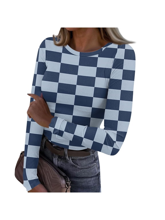 Womens Tops Plaid Long Sleeve Going Out Ribbed Fitted Slim Vintage Underwear Tops Trendy Fall Basic Party Casual Round Neck Undershirts M
