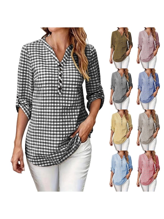 Womens Tops Plaid Rolled 3/4 Sleeve Button Up T Shirts for Women Curved Hem V Neck Long Beach Summer Fall Shirts