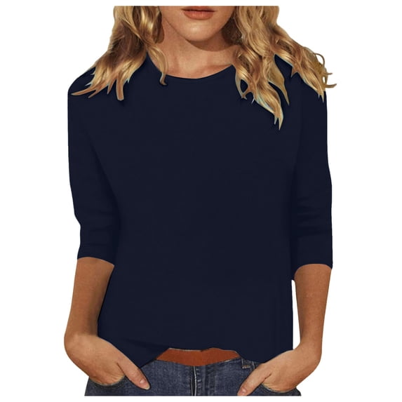 Womens Tops Plus 3/4 Length Sleeve Tops Casual Loose Fit Crewneck T Shirts Cute Solid Three Quarter Length Tunic Tops Navy XL