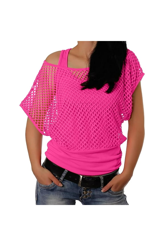 Womens Tops Plus 80S T Shirts Neon Fishnet Mesh Top Off Shoulder Tops Hot Pink M