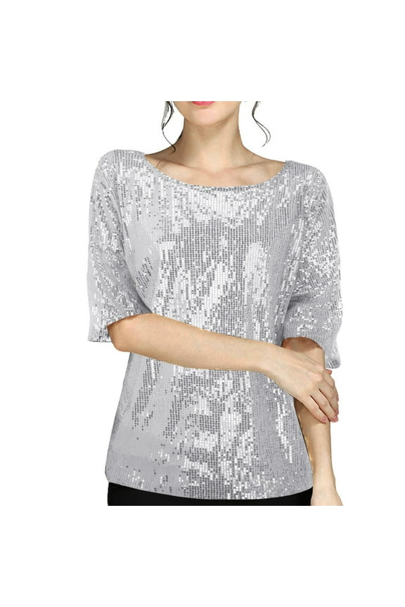 Womens Tops Plus Blouse Casual Sequins Party Top Tops Shirt Crop Coctail Blouse Silver XXXL