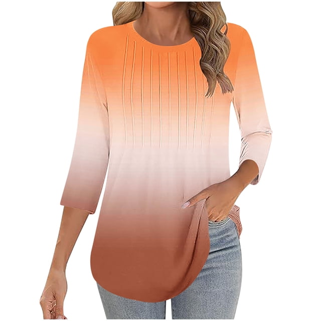 Womens Tops Plus Size 3/4 Length Sleeve Crewneck Loose Shirts Pleated Cute Clothes Dressy Casual Tunic Tops Orange L