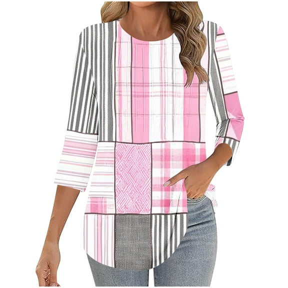 Womens Tops Plus Size 3/4 Length Sleeve Crewneck Loose Shirts Pleated Cute Clothes Dressy Casual Tunic Tops Pink 2XL
