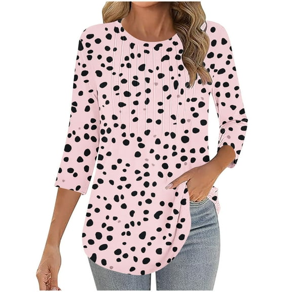 Womens Tops Plus Size 3/4 Length Sleeve Crewneck Loose Shirts Pleated Cute Clothes Dressy Casual Tunic Tops Pink S