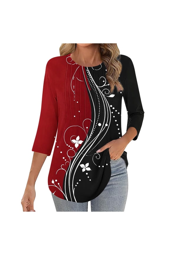 Womens Tops Plus Size 3/4 Length Sleeve Crewneck Loose Shirts Pleated Cute Clothes Dressy Casual Tunic Tops Red 2XL