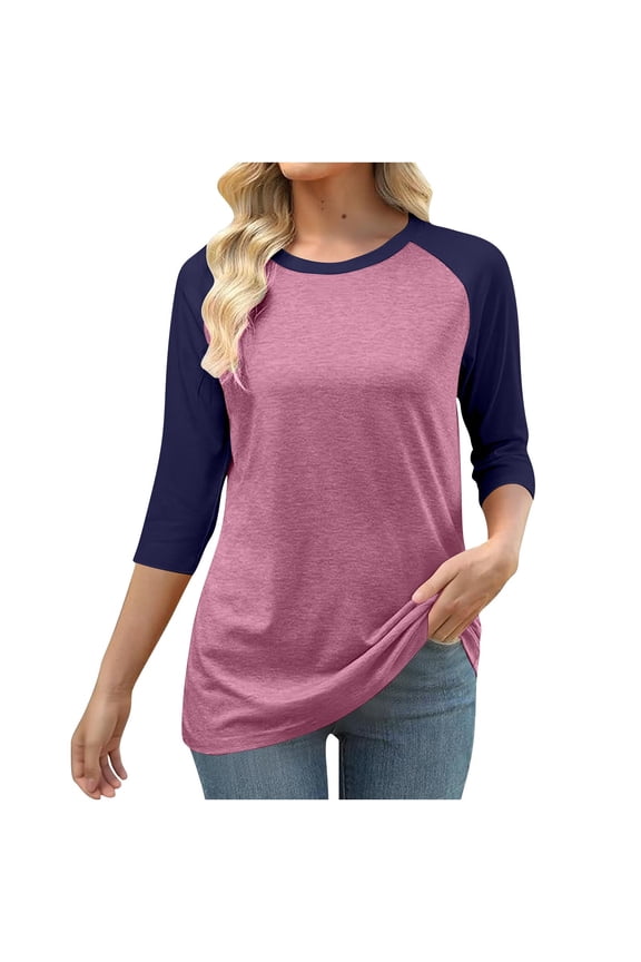 Womens Tops Plus Size 3/4 Sleeve Color Blocked Round Neck Raglan Sleeve Pullover Top Watermelon Red M