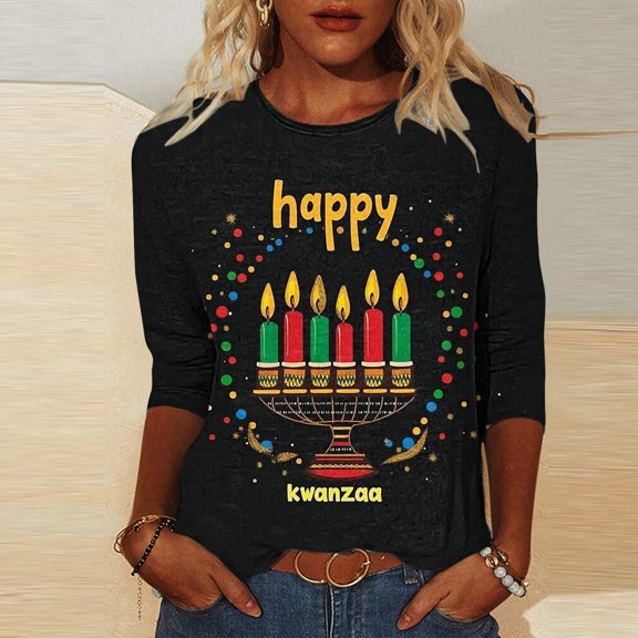 Womens Tops Plus Size 3/4 Sleeve Crewneck Shirts African Inspired Theme Tops Festival Print Loose Fit Party Casual Outfits