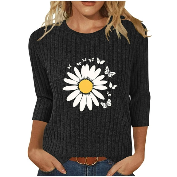 Womens Tops Plus Size 3/4 Sleeve Floral Print Round-neck Casual Fall Winter Blouses Shirts Top 1-Black S