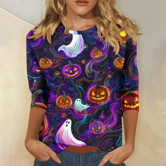 Womens Tops Plus Size 3/4 Sleeve Print Halloween Round-Neck Casual T-shirt Multicolor XXL