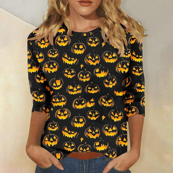 Womens Tops Plus Size 3/4 Sleeve Print Halloween Round-Neck Casual T-shirt Multicolor XXL