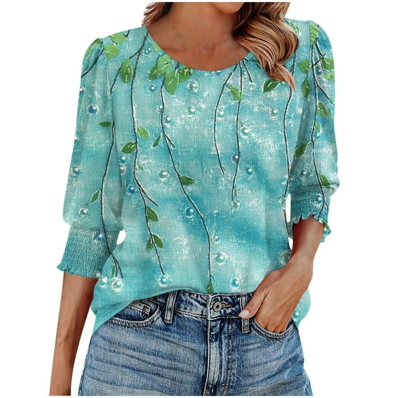 Womens Tops Plus Size 3/4 Sleeve Round Neck Casual Printed Blouses Shirts Light Blue XL