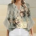 thumbnail image 1 of Womens Tops Plus Size 3/4 Sleeve Round Neck Floral Print Ruffles Spring Summer Casual Shirt Khaki M, 1 of 5