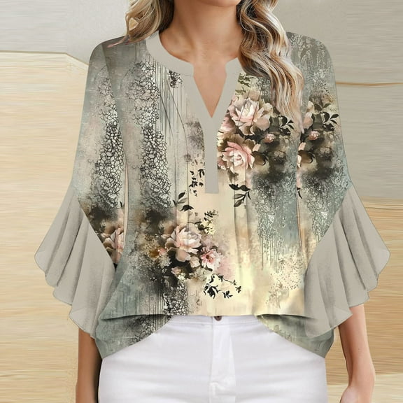 Womens Tops Plus Size 3/4 Sleeve Round Neck Floral Print Ruffles Spring Summer Casual Shirt Khaki M