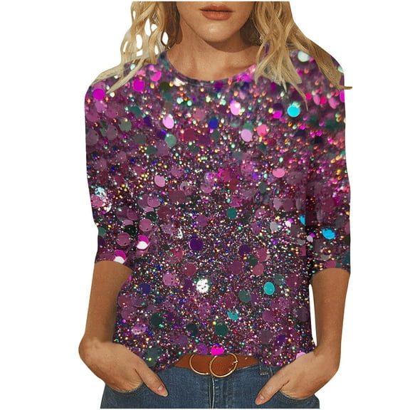 Womens Tops Plus Size 3/4 Sleeve Shirts Round Neck Loose Casual Blouse Sequins Print Trendy Tee Top