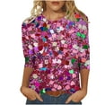 thumbnail image 1 of Womens Tops Plus Size 3/4 Sleeve Shirts Round Neck Loose Casual Blouse Sequins Print Trendy Tee Top, 1 of 5