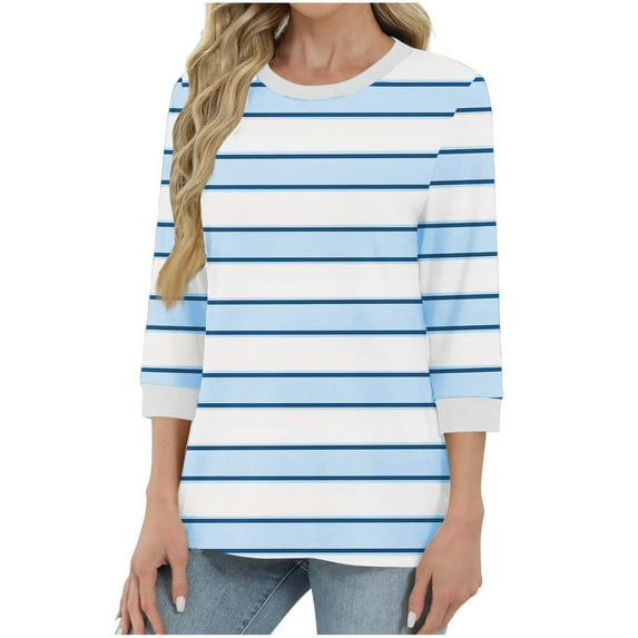 Womens Tops Plus Size 3/4 Sleeve Stripe Print Color Round-neck Pullover Blouses Blue XXL