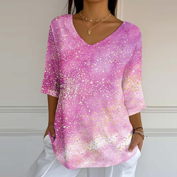 Womens Tops Plus Size 3/4 Sleeve V-Neck Print Casual Loose Blouses Shirts Pink XXL