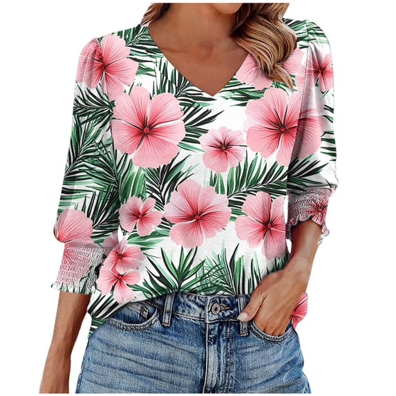 Womens Tops Plus Size 3/4 Sleeve V-Neck Printed Casual Blouses Shirts Pink XL