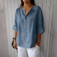 thumbnail image 1 of Womens Tops Plus Size 3/4 Sleeve V-neck Cotton Linen Button Up Solid Color Loose Top Blue XL, 1 of 6