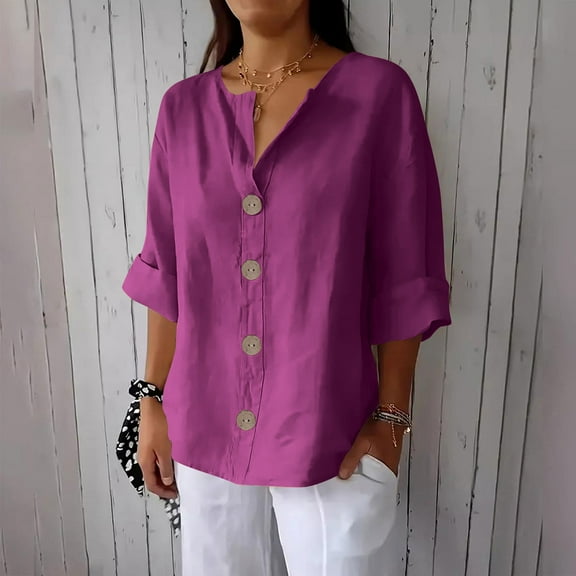 Womens Tops Plus Size 3/4 Sleeve V-neck Cotton Linen Button Up Solid Color Loose Top Purple XL