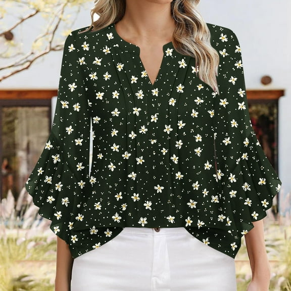 Womens Tops Plus Size 3/4 Sleeve V-neck Floral Print Spring Summer Casual Solid Color Shirt Black M
