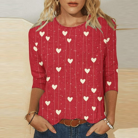Womens Tops Plus Size 3/4 Sleeve Valentine's Day Printed Casual Round Neck T-shirt Loose Shirt Multicolor