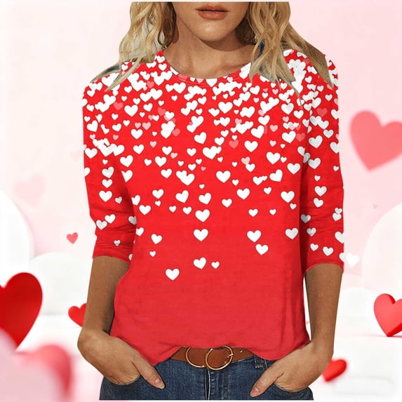 Womens Tops Plus Size 3/4 Sleeve Valentine's Day Printed Round Neck T-shirt Red