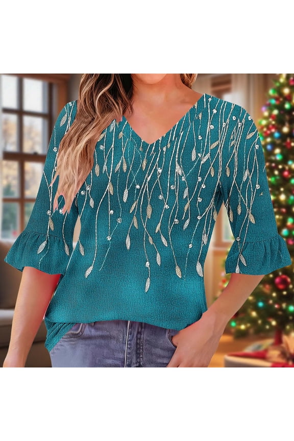 Womens Tops Plus Size 3/4 Sleeves Pleated Ruffle V-neck Casual Regular Printed Quarter Sleeve Daily Top Blue