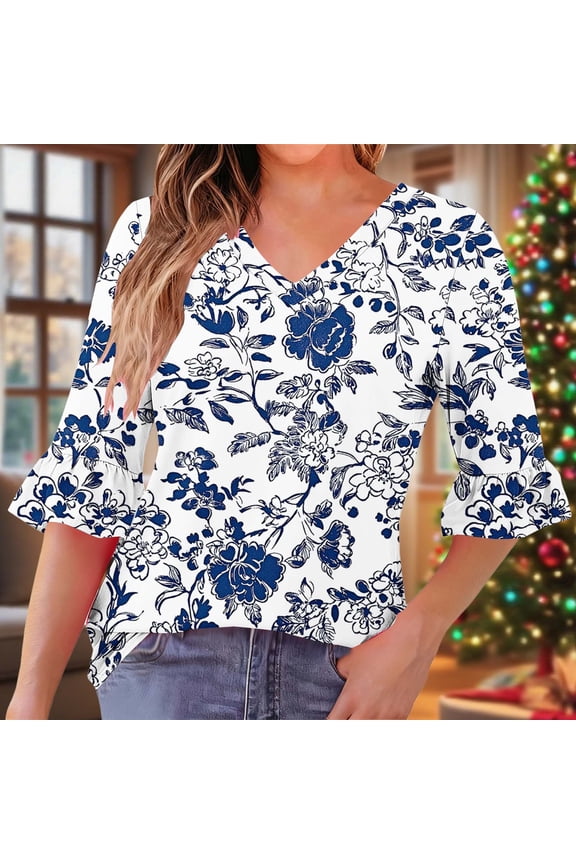 Womens Tops Plus Size 3/4 Sleeves Pleated Ruffle V-neck Casual Regular Printed Quarter Sleeve Daily Top Navy