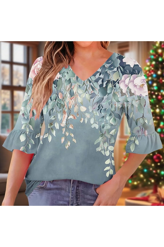 Womens Tops Plus Size 3/4 Sleeves Pleated Ruffle V-neck Casual Regular Printed Quarter Sleeve Daily Top Navy