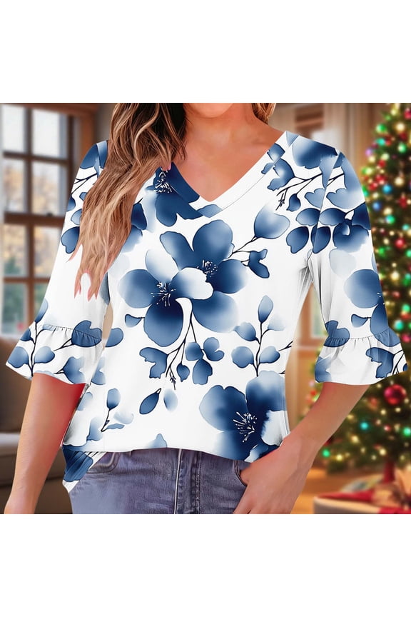 Womens Tops Plus Size 3/4 Sleeves Pleated Ruffle V-neck Casual Regular Printed Quarter Sleeve Daily Top Navy