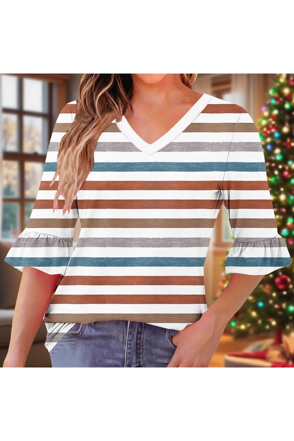 Womens Tops Plus Size 3/4 Sleeves Pleated Ruffle V-neck Casual Regular Printed Quarter Sleeve Daily Top Red