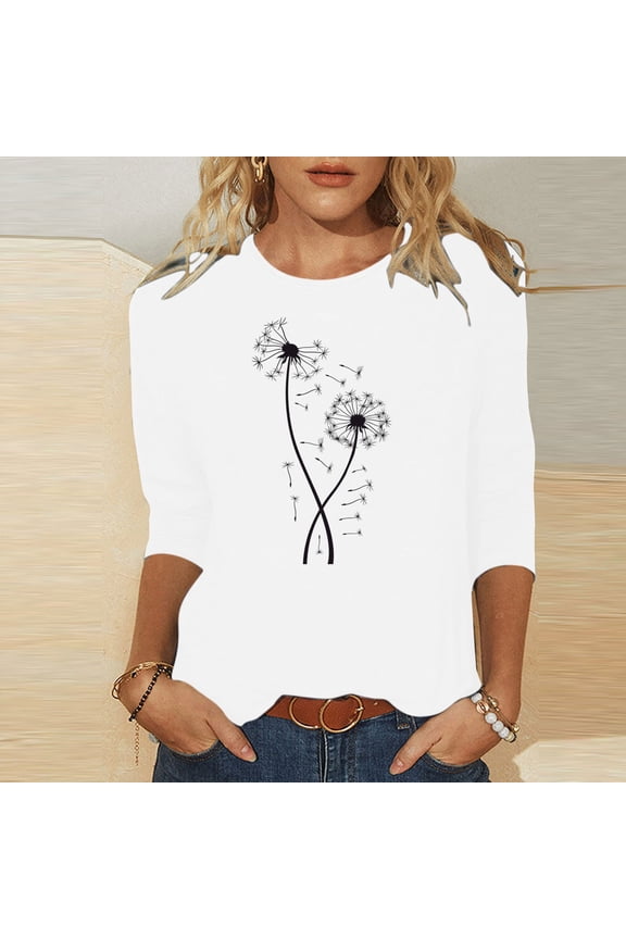 Womens Tops Plus Size 3/4 Sleeves Round Neck Printed Casual Tops White S
