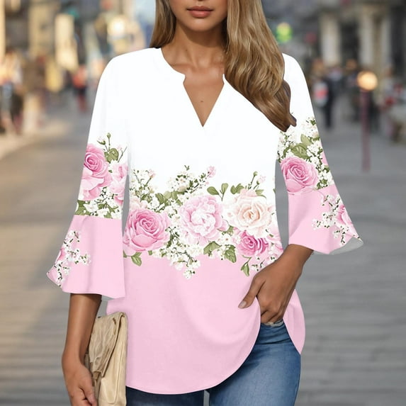 Womens Tops Plus Size 3/4 Sleeves V-Neck Flare Sleeve Summer Solid T-shirt Pullover Blouse Pink XXL