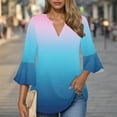 thumbnail image 1 of Womens Tops Plus Size 3/4 Sleeves V-Neck Gradient Flare Sleeve Summer Solid T-shirt Pullover Blouse Blue XXL, 1 of 6