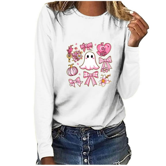 Womens Tops Plus Size Breast Cancer Day Printed Long Sleeve Casual Loose Round Neck T-shirt Blouse 5-White