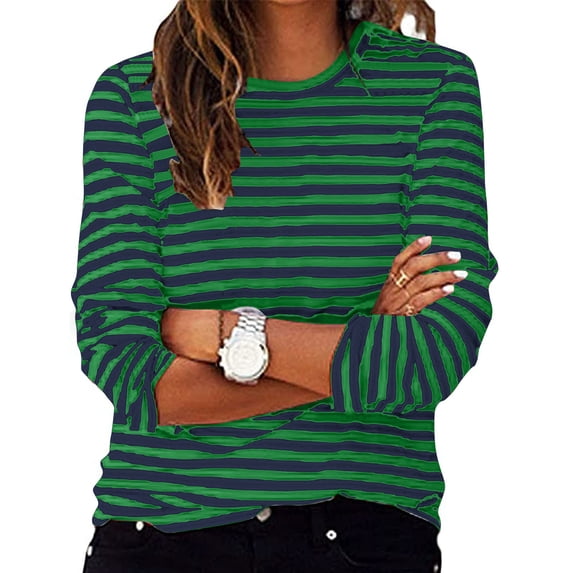 Womens Tops Plus Size Casual Striped Long Sleeve Tops Crew Neck Basic T Shirts