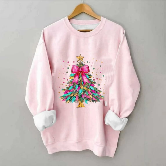 Womens Tops Plus Size Christmas Printed Long Sleeved Round Neck Off Shoulder Sweatshirt Pink10 M